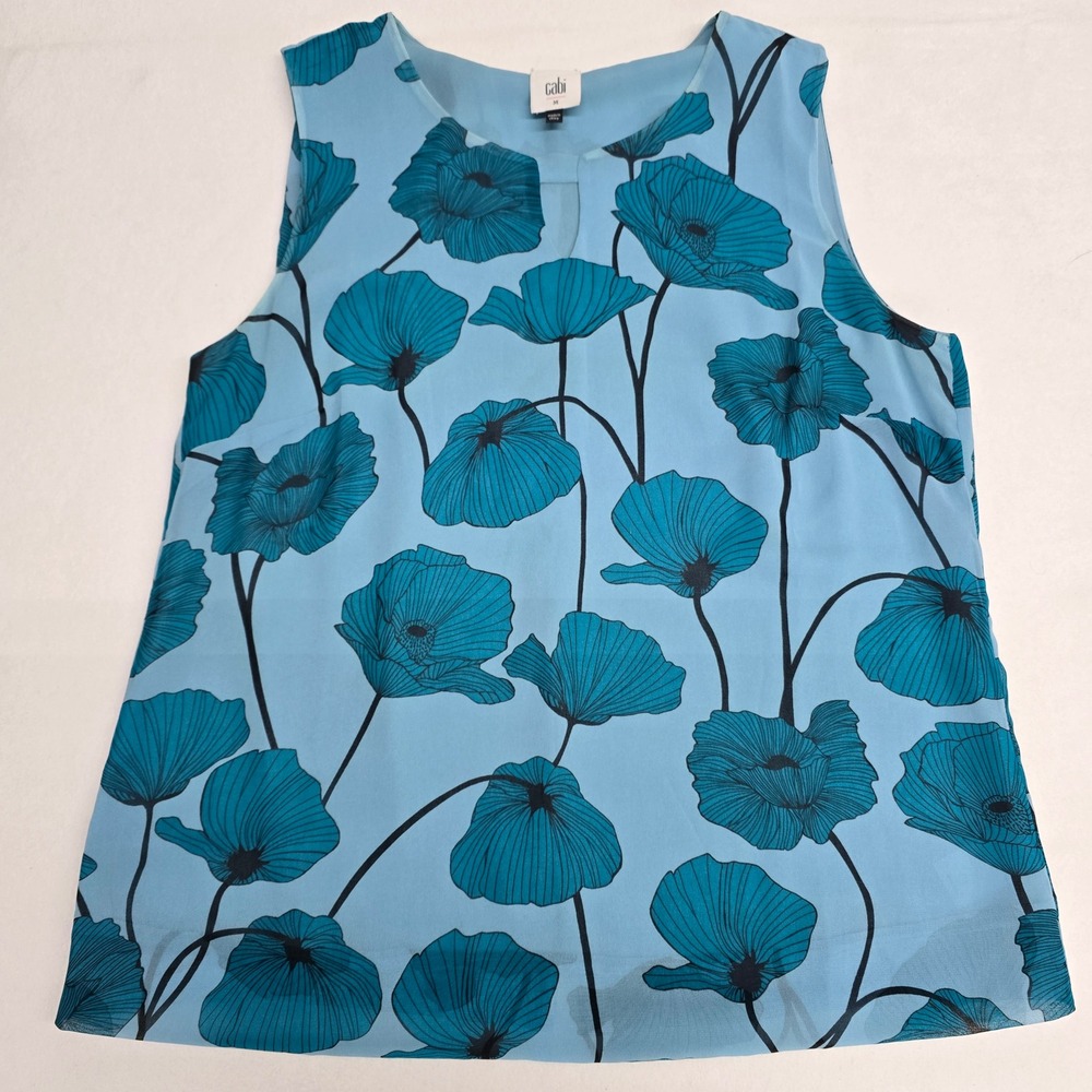 Cabi Womens Blue Teal Poppy Floral Sleeveless Blouse Top Keyhole Size M